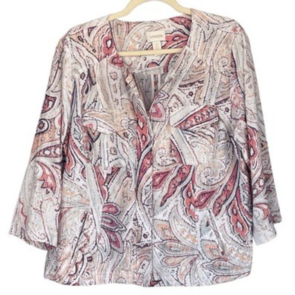 B4 Chicos Paisley Zip Front Jacket Womens Size 2 Multi Color 100% Linen Boho Y2K